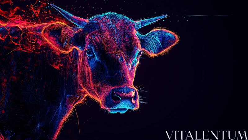 Neon light cow portrait glows against deep black void