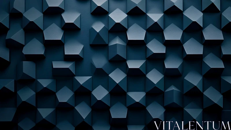 Dark blue geometric 3D wall with faceted cube pattern.