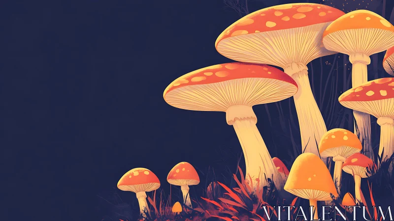 Digital nocturnal mushroom grove with bold negative space layout.