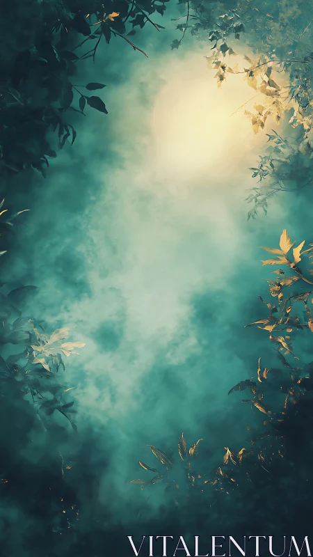 Backlit forest canopy encircles diffused misty light source