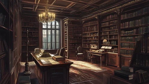 Quiet classic library study with wood shelves and desks.