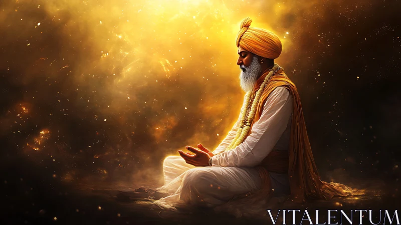 Golden light embraces a serene elder in deep meditation