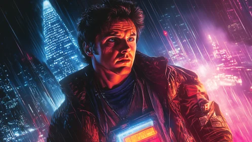 Male figure in neon-lit rainy cityscape with tech device.