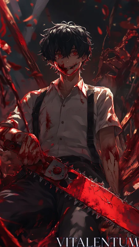 Bloody anime boy with chainsaw in dark violent scene.