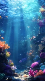 Sunlit coral garden where colorful reef life drifts softly.