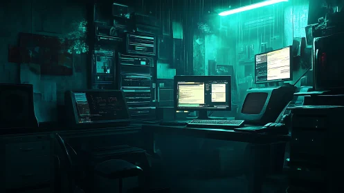 Cyberpunk workstation shows multi-monitor hacking setup