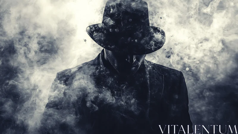 Smoke‑veiled stranger in shadowed hat stalks the gloom.