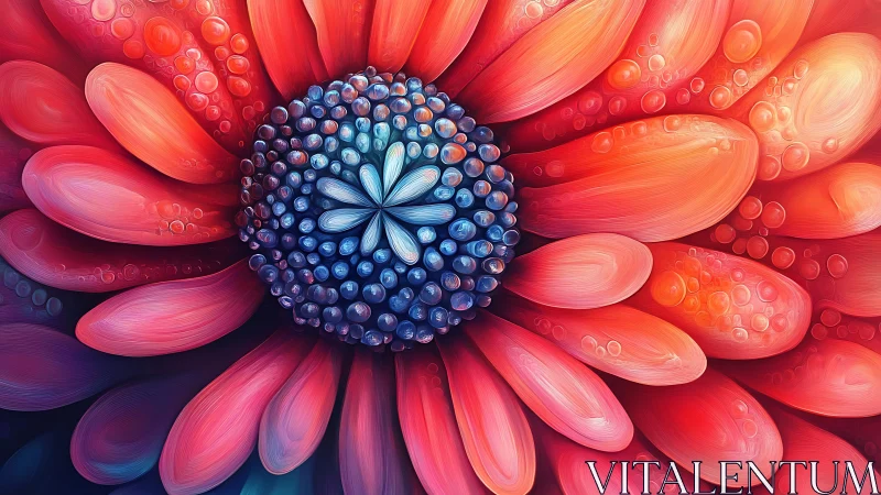 Vivid macro flower abstraction with glowing blue center.