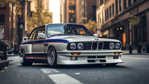 Classic BMW coupe with racing livery on city street.