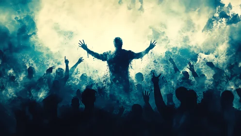 Storm-lit crowd lifting a silhouette into swirling light.