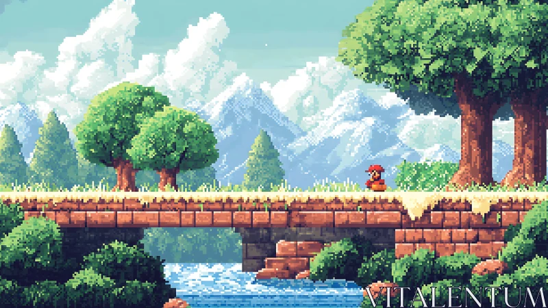 Tiny red adventurer crossing a sunlit pixel river bridge.