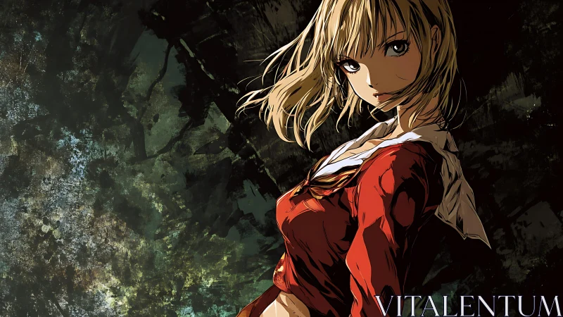 Stormlit schoolgirl sentinel in a fractured forest dusk.