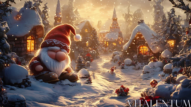 Snowy gnome village glows under warm winter sunset light