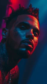 Neon-lit portrait of tattooed man in dramatic side glow.