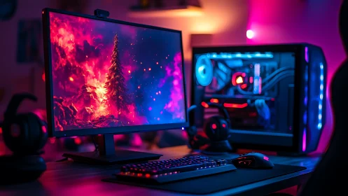 Neon storm forge: glowing gamer battlestation dreamscape.