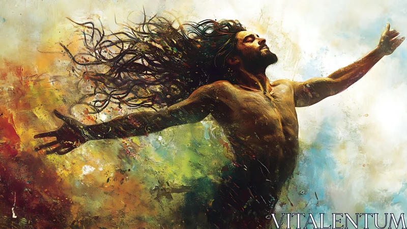 Ecstatic male figure soaring through abstract color field.