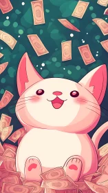 Cartoon cat surrounded by floating banknotes on green field.