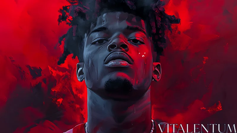 Bold portrait in red, a confident gaze wrapped in smoke.