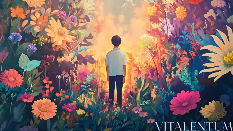 Backlit child silhouette framed by dense luminous wildflower corridor