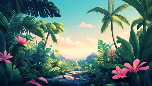 Sunlit jungle path opening gently toward a quiet sea.