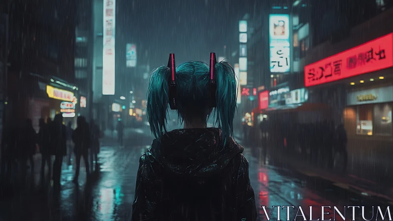 Cyberpunk girl with teal hair in rainy neon street scene.