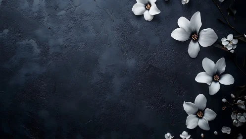 White Floral Arrangements on Textured Dark Blue Surface Display Botanical Composition