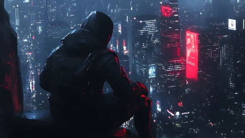 Midnight watcher studies neon storms over the cyber city