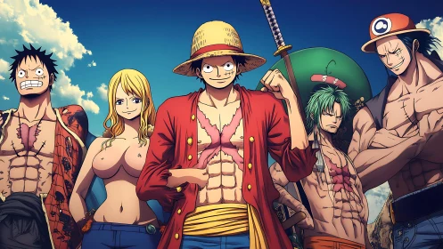 Anime pirate crew stands confident under bright summer sky