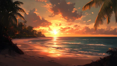 Sunset light illuminates a tropical shoreline and calm surf