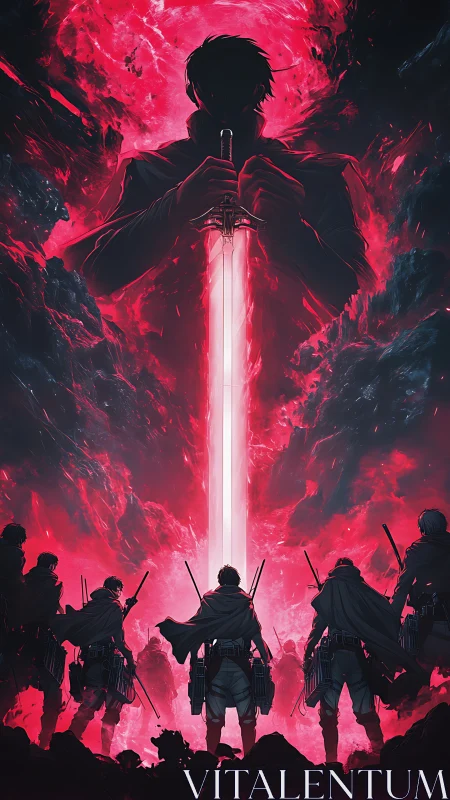 Silhouetted warriors confront a colossal red energy sword