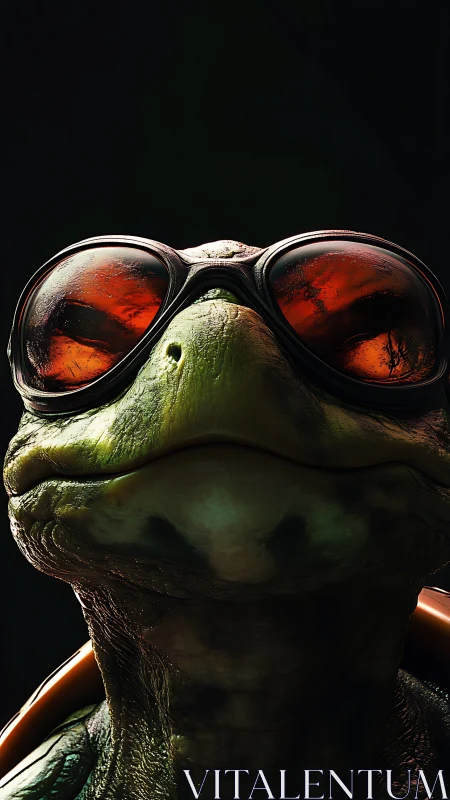 Cinematic close-up of turtle in reflective red goggles.
