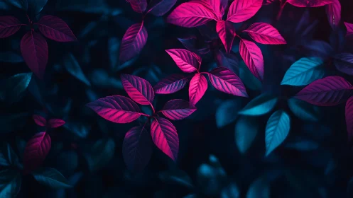 Neon magenta foliage glows against deep teal forest background