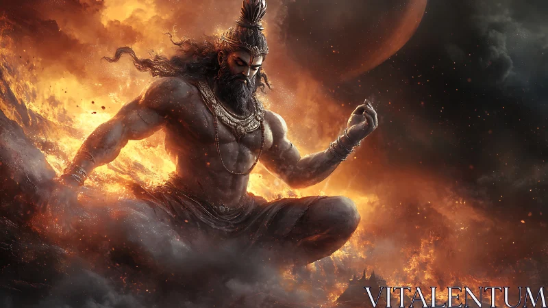 Fire-wreathed meditative deity commands a cosmic inferno.