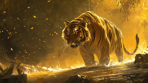 Sunlit river turns molten beneath the prowling jungle tiger