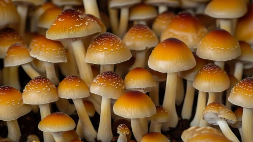Amber mushroom chorus under a softly glowing forest canopy.