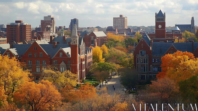 Crimson towers trade whispers with autumn over campus paths