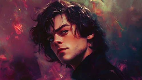 Brooding portrait bathed in neon brushstrokes and shadowed light.