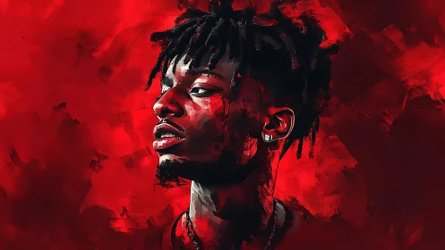 Red digital portrait of man looking to side in profile.