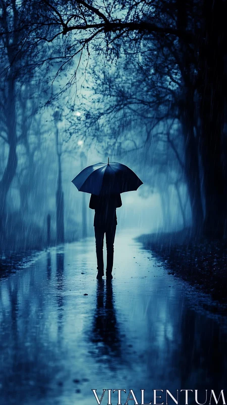 Silhouette under umbrella walks through blue rain forest.