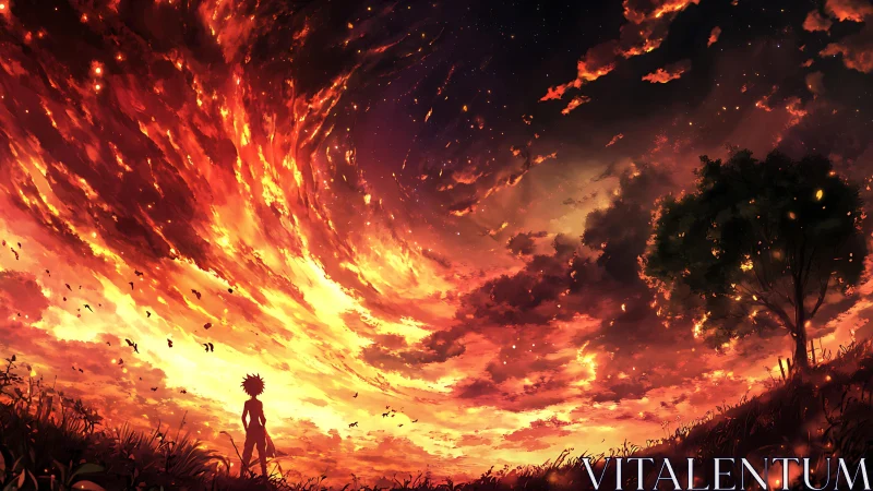 Celestial Inferno: Silhouette's Last Stand Beneath Burning Sky.