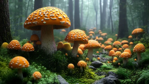 Orange amanita colony glows across a misted forest floor