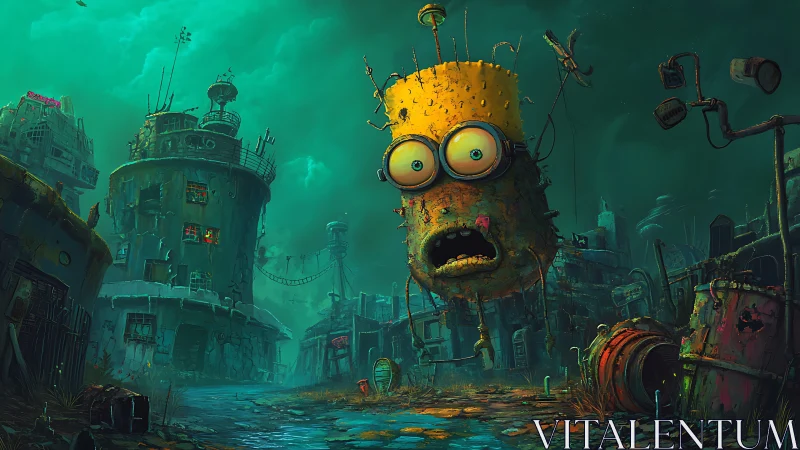 Mutated yellow robot floats over derelict cyberpunk slum