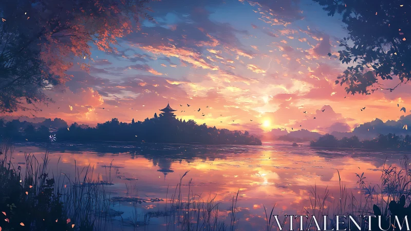 Sunset over tranquil lake with distant pagoda silhouette.