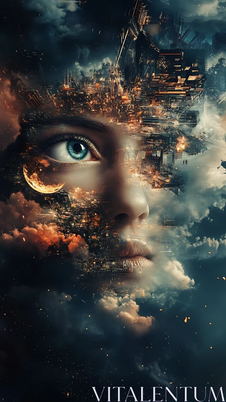 Surreal cybernetic face emerges from burning city clouds.