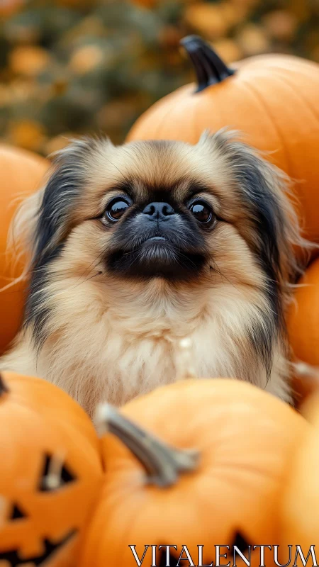 Small long-haired dog sits among carved orange pumpkins