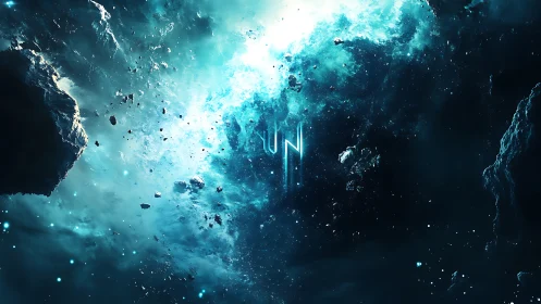 Luminescent cosmic nebula divides asteroid field in deep space