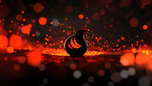 Glowing Black Drop with Fiery Orange Particles in Abstract Art.