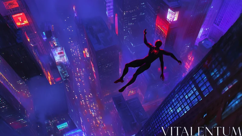 Neon vertigo skyline with silhouetted hero in freefall perspective.