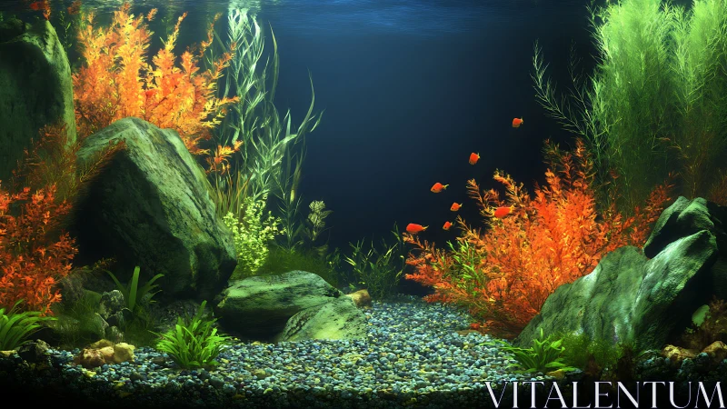 Colorful aquarium landscape with rocks and orange plants.