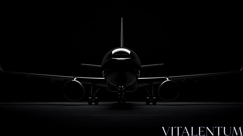Jetliner silhouette front view under dramatic low-key light.